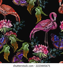 Pink flamingo, butterflies and geranium flowers. Embroidery seamless pattern. Vintage spring template for design of clothes and t-shirt design