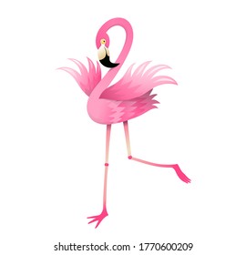 Pink Flamingo cartoon for kids, cute and childish 3d design, happy smiling beautiful bird. Fun watercolor style vector animals cartoon for children.