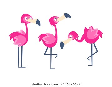 Pink flamingo character in different poses in cute cartoon style.