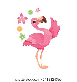 Pink Flamingo Character with Long Neck and Legs Standing with Flowers Vector Illustration