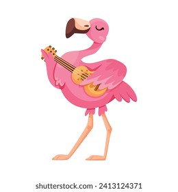 Pink Flamingo Character with Long Neck and Legs Playing Guitar Vector Illustration