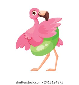 Pink Flamingo Character with Long Neck and Legs with Rubber Ring Vector Illustration