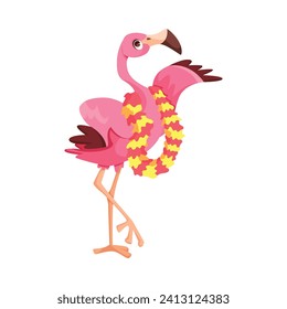 Pink Flamingo Character with Long Neck and Legs Wear Hawaiian Wreath Vector Illustration