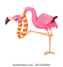 Pink Flamingo Character with Long Neck and Legs Wear Hawaiian Wreath Vector Illustration