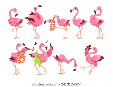 Pink Flamingo Character with Long Neck and Legs Vector Set