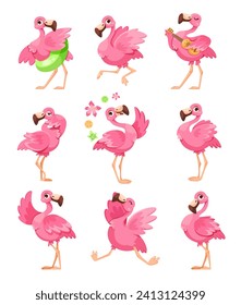 Pink Flamingo Character with Long Neck and Legs Vector Set