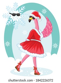 Pink flamingo Christmas and happy New Year greeting card