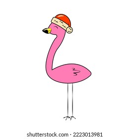 Pink Flamingo in Christmas Hat Decorative Element in Retro Style