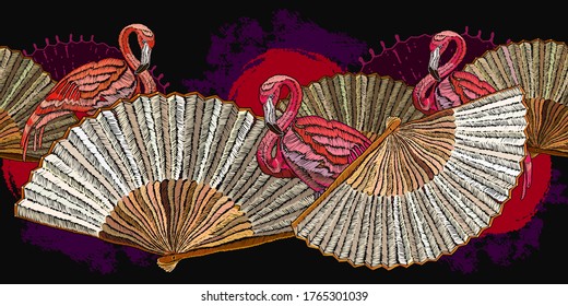 Pink flamingo and colorful japan fan. Asian horizontal seamless pattern.  Fashion oriental art. Japanese and Chinese ethnic style 