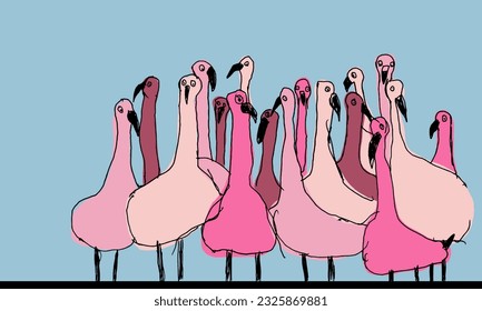 Rosa Flamingo, bunter Farbtropfen. Abstrakter Flamingo-komischer Cartoon-Stil. Trend handgezeichnete Illustration. Hintergrund, Bildschirmhintergrund. Wiederholen des Designelements für den Druck. Kinder, Vektorgrafik. Vogelgruppe.