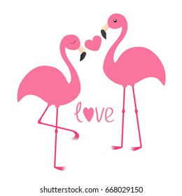 Pink flamingo couple and heart. Word love. Exotic tropical bird. Zoo animal kids collection. Cute cartoon character. Greeting card. Flat design. White background Isolated Vector illustration