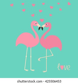 Pink flamingo couple and hearts. Exotic tropical bird. Zoo animal collection. Cute cartoon character. Love greeting card. Flat design. Blue background Vector illustration 