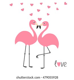 Pink flamingo couple and hearts. Word love. Exotic tropical bird. Zoo animal collection. Cute cartoon character. Greeting card. Flat design. White background Isolated Vector illustration