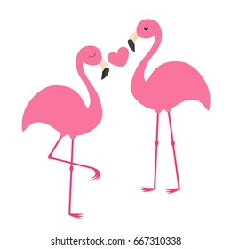 Pink flamingo couple holding heart. Love family. Exotic tropical bird. Zoo animal kids collection. Cute cartoon character. Greeting card. Flat design. White background Isolated Vector illustration