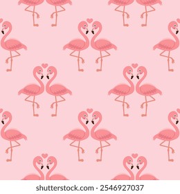 A pink flamingo couple in love seamless pattern  with heart on pink background.Factory textiles. Bedclothes,Curtains Gift paper.