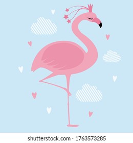 Pink flamingo with a crown. Premium vector.