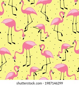 Flamingo rosado en una corona sin fisuras sobre fondo de punto. Diseño de fondo vectorial para la decoración de tejidos y niños.