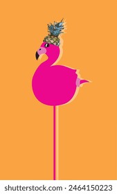 Pink flamingo with cut pineapple on the head.