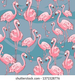 Pink flamingo. Cute African bird. Seamless vector pattern. Tropical gentle background for surface, textile, fabric for kids. hand drawn brush texture. blue background.