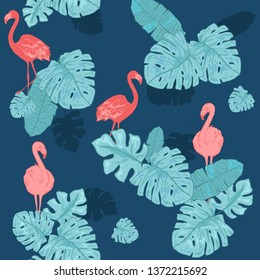 Pink flamingo. Cute African bird. Seamless vector pattern. Tropical gentle background for surface, textile, fabric for kids. hand drawn brush texture. Doodles flowers. pineapples, tropical plants.