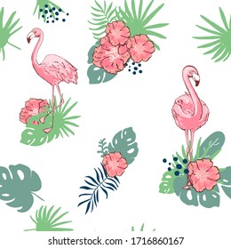 Pink flamingo. Cute African bird. Seamless vector pattern. Tropical gentle background for surface, textile, fabric for kids. hand drawn brush texture. Doodles flowers. white background.