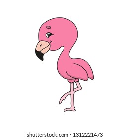 Pink flamingo. Cute flat vector illustration in childish cartoon style. Funny character. Isolated on white background
