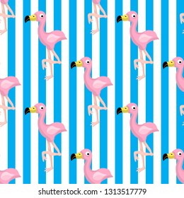 Pink flamingo cute vector flat seamless pattern on stripped background isolated 