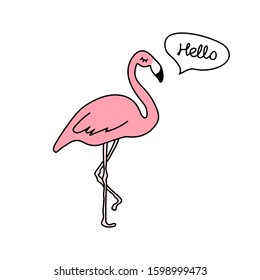 Pink flamingo. Doodle. Cartoon. Scandinavian style vector illustration. Minimalism. Can used for print design, greeting card, baby shower, poster, fabric, textile, nursery t-shirt, kids apparel.