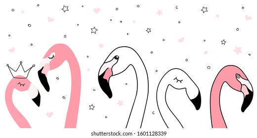 Pink flamingo. Doodle. Cartoon. Scandinavian style vector illustration. Minimalism. Can used for print design, greeting card, baby shower, poster, fabric, textile, nursery t-shirt, kids apparel.