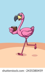 Pink Flamingo Drink Coconut Cartoon Illustration