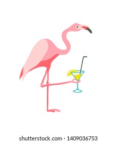 Pink flamingo drinking cocktail. Beach party illustration