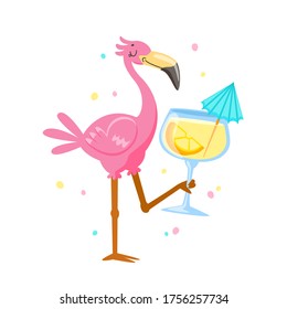 Pink Flamingo Drinking Cocktail. Cartoon Kawaii Bird Character on Summer Vacation. Cute Personage Summertime Activity and Spare Time. T-shirt Print Isolated on White Background. Vector Illustration