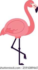 A pink flamingo elegantly balances on one leg, showcasing its vibrant color and graceful posture in a cheerful setting.