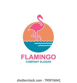 pink flamingo emblem with sun and waves