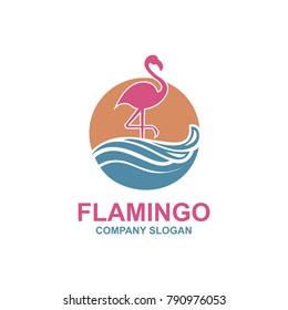pink flamingo emblem with sun and waves