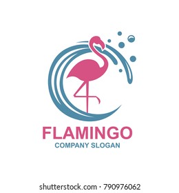 pink flamingo emblem with sun and waves