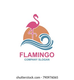 pink flamingo emblem with sun and waves