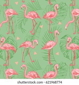 pink flamingo exotic bird with tropical palm leaves vector pattern background.