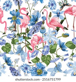 Pink flamingo and exotic blue flowers, white background. Floral seamless pattern. Tropical illustration. Exotic plants, birds. Summer beach design. Paradise nature.