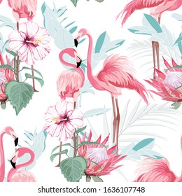 Pink flamingo and exotic flowers, palm leaves, white background. Floral seamless pattern. Tropical illustration. Exotic plants, birds. Summer beach design. Paradise nature.