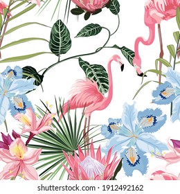 Pink flamingo and exotic flowers, palm leaves on white background. Floral seamless pattern. Tropical illustration. Exotic plants, birds. Summer beach design. Paradise nature.