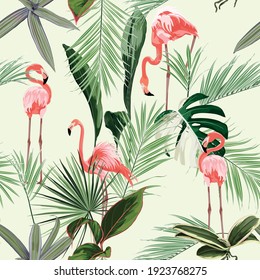Pink flamingo and exotic flowers, palm leaves. Floral seamless pattern. Tropical illustration. Exotic plants, birds. Summer beach design. Paradise nature.