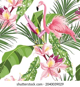 Pink flamingo and exotic flowers, palm leaves, white background. Floral seamless pattern. Tropical illustration. Exotic plants, birds. Summer beach design. Paradise nature.