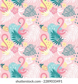 Pink flamingo in exotic forest. Summer print. Seamless pattern. Vector.