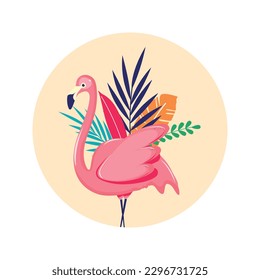Pink flamingo with exotic leaves on the background. Vector isolated illustration