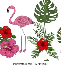 Pink flamingo and exotic plants seamless pattern in vector for creating prints, textiles and others. Flamingo, monstera and hibiscus abstract exotic pattern on a white background background.