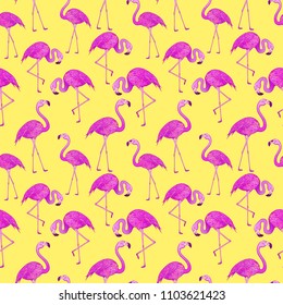 Pink flamingo exotic seamless pattern. Tropical wallpaper texture of flamingo birds.