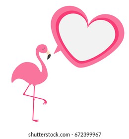 Pink flamingo. Exotic tropical bird. Zoo animal collection. Heart frame talking bubble. Cute cartoon character. Decoration element. Flat design. White background. Isolated. Vector illustration