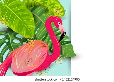 Pink flamingo and exotic tropical leaves vector illustration. Place for your text. Seasonal template for vacation, poster, banner, flyer, invitation, pool party, sale, announcement.