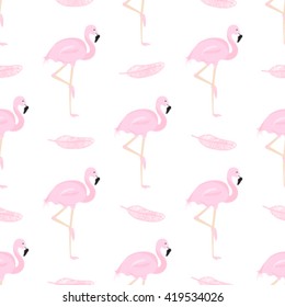 Pink flamingo and feathers. Seamless background. EPS 10